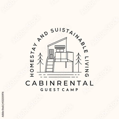 cabin camp line art logo vector minimalist illustration design, cabin rental symbol design