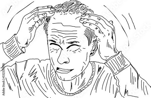 Man worry because of Alopecia, hair loss in young age vector illustration, Young boy  worrying about his hair loss problem sketch drawing, cartoon doodle drawing of male hair loss concept