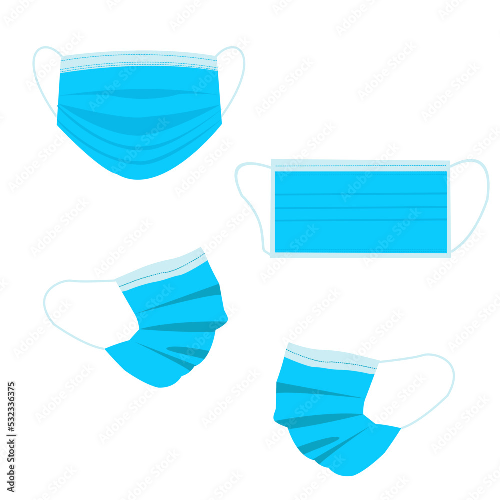 Illustration of 4 points of view on a 3 ply medical mask. During the COVID-19 pandemic, masks are needed when traveling to prevent exposure to the virus. Illustration of 4 points of view on a 3 ply medical mask. During the COVID-19 pandemic, masks are needed when traveling to prevent exposure to the virus.