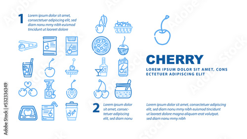 cherry fruit red white berry leaf landing web page header vector. sour flower, fresh spring branch, blossom sweet food, nature tree, juicy summer ripe cherry fruit red white berry leaf Illustration
