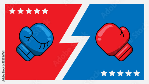 Boxing gloves fight icon , red vs blue. Vector illustration of cartoon battle emblem background. Red and Blue boxing gloves hit each other. Boxing day shopping creative sales ideas