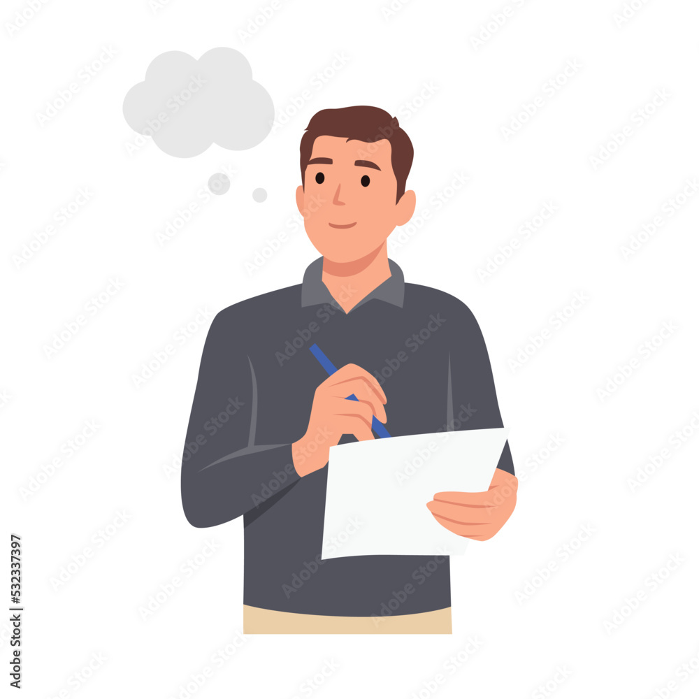 Young man standing with thoughtful expression and holding paper notebook. Thinking man character. Flat vector illustration isolated on white background