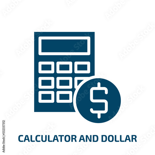 calculator and dollar icon from education collection. Filled calculator and dollar, calculator, dollar glyph icons isolated on white background. Black vector calculator and dollar sign, symbol for web