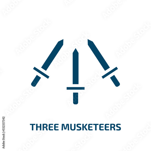 three musketeers icon from education collection. Filled three musketeers, musketeer, french glyph icons isolated on white background. Black vector three musketeers sign, symbol for web design and