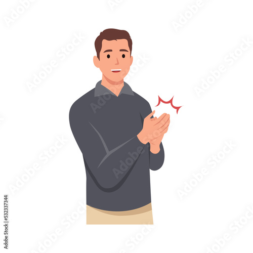 Young man claps his hands. Gesture of admiration. Bravo. Congratulations. Flat vector illustration isolated on white background