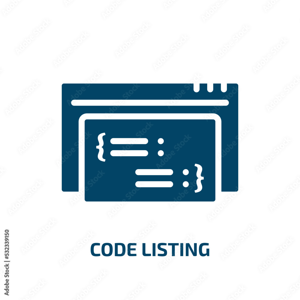 code listing icon from programming collection. Filled code listing, list, card glyph icons isolated on white background. Black vector code listing sign, symbol for web design and mobile apps code listing icon from programming collection. Filled code listing, list, card glyph icons isolated on white background. Black vector code listing sign, symbol for web design and mobile apps