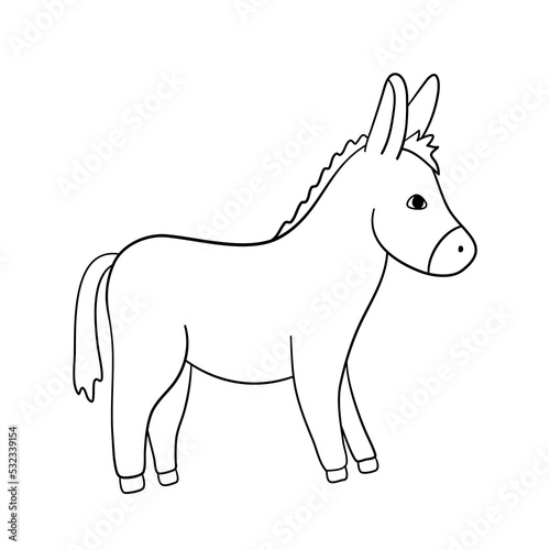 Cute outline donkey character isolated on white background. Baby vector line illustration with farm animal for coloring book