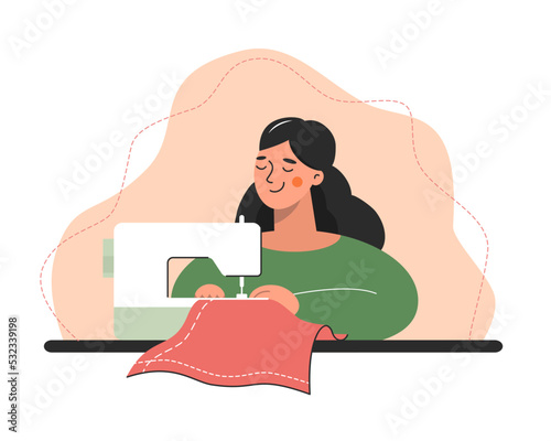 Woman seamstress at her workplace with sewing machine. Fashion designer, dressmaker. Vector illustration on white background for Cutting and sewing courses