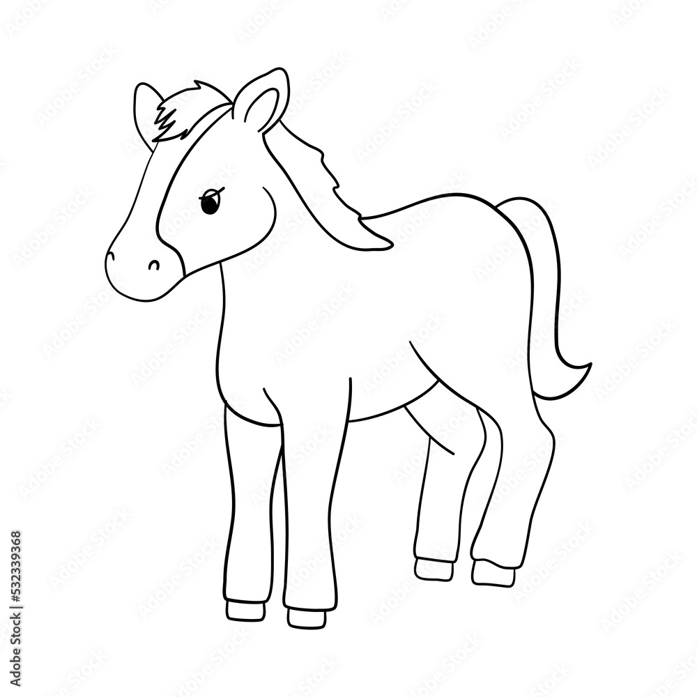 Cute outline horse character isolated on white background. Baby vector line illustration with farm animal for coloring book