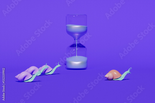 Business competition concept. Snail leading the race against a group of slower snails on purple background. Lazy and slow snail with hourglass. Copy space. 3D illustration.3D render 