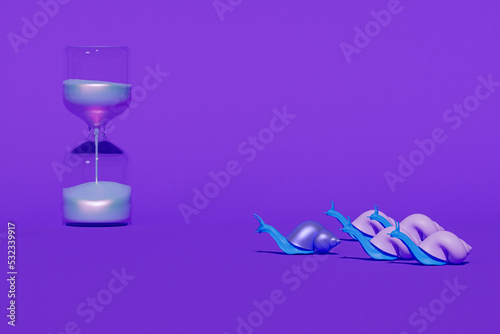 Business competition concept. Snail leading the race against a group of slower snails on purple background. Lazy and slow snail with hourglass. Copy space. 3D illustration.3D render
