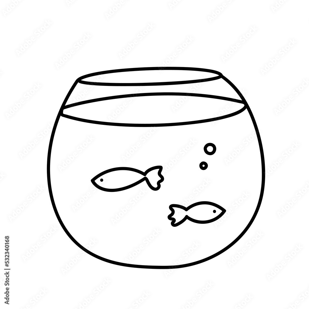 Round aquarium. Home aquarium with fish. Vector doodle illustration isolated on white background