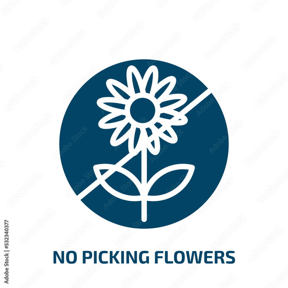 no picking flowers icon from traffic signs collection. Filled no picking flowers, no, danger glyph icons isolated on white background. Black vector no picking flowers sign, symbol for web design and no picking flowers icon from traffic signs collection. Filled no picking flowers, no, danger glyph icons isolated on white background. Black vector no picking flowers sign, symbol for web design and