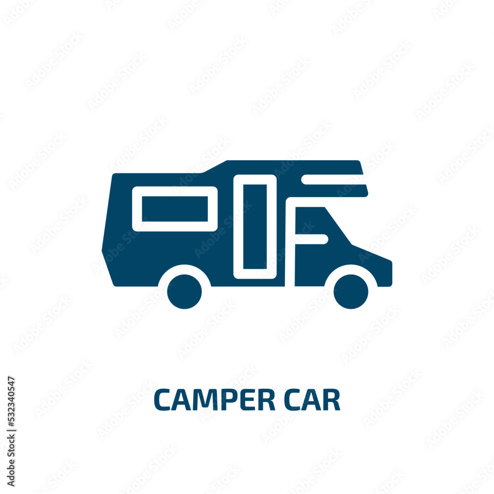 camper car icon from transportation collection. Filled camper car, car, camper glyph icons isolated on white background. Black vector camper car sign, symbol for web design and mobile apps