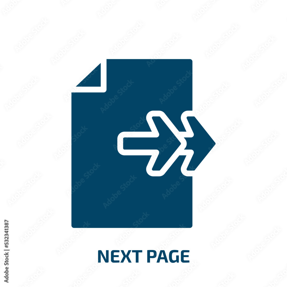 next page icon from user interface collection. Filled next page, next, website glyph icons isolated on white background. Black vector next page sign, symbol for web design and mobile apps next page icon from user interface collection. Filled next page, next, website glyph icons isolated on white background. Black vector next page sign, symbol for web design and mobile apps