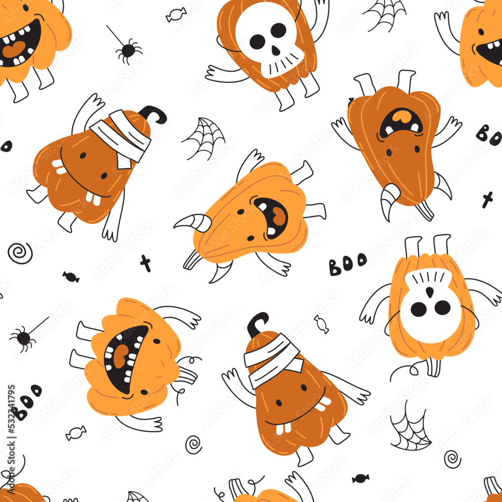 Obraz premium Seamless autumn pattern for Halloween. Funny pumpkins scare and smile. Baby print fabric or paper