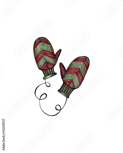 red-green mittens on a string. winter doodle illustration with watercolor pencils. for printing stickers, cards, icons, logo, print. drawing on a transparent background.