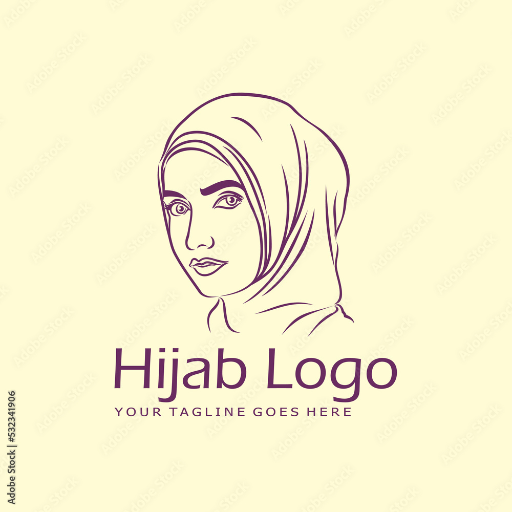 Simple line art hijab or woman veil fashion vector logo template.