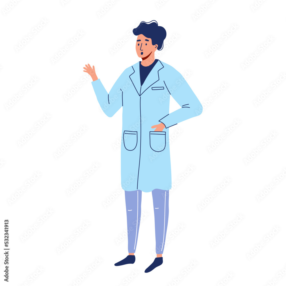 A doctor, scientist, physicist or chemist is surprised. The man in the white coat raised his hand. A man on a white background is isolated A doctor, scientist, physicist or chemist is surprised. The man in the white coat raised his hand. A man on a white background is isolated