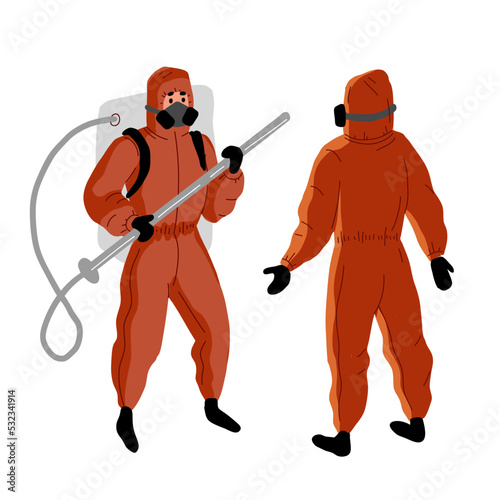 A man in a chemical protection suit. Protective orange jumpsuit. The disinfectant works on a white background © Мария Пестова