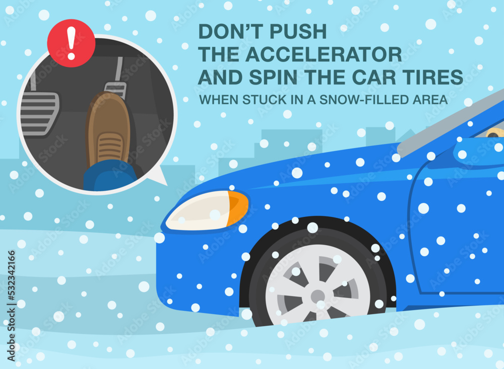 Safe car driving rules and tips. Winter season driving. Do not push the