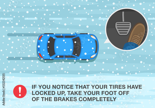 Safe car driving rules and tips. Winter season driving. If your tires have locked up, take your foot off of the brakes completely. Top view of skidded sedan car. Flat vector illustration template.