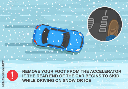 Safe car driving rules and tips. Winter season driving. Remove foot from the accelerator if the rear end of the car begins to skid while driving on snow. Top view. Flat vector illustration template.