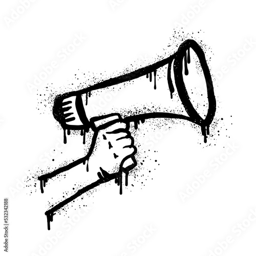 Hand is holding a megaphone or loud speaker. Spray painted graffiti megaphone on black over white. Demonstration, protest drip symbol. isolated on white background. vector illustration