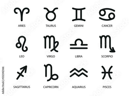 Horoscope Symbols. Star Constellations of 12 Zodiac Signs. Vector illustration of black Astrological signs for calendar, horoscope isolated on a background 