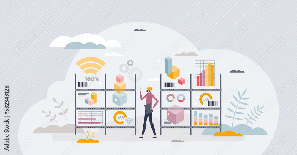 Digital warehouse with goods and manufacturing on demand tiny person concept. Smart and modern logistics approach with effective and precise company storage data stock monitoring vector illustration.