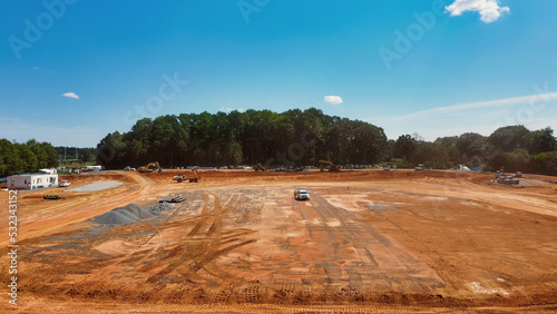 elevated view of job site undergoing land development and grading