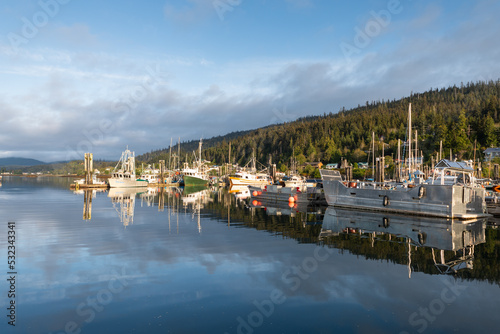 Reflections in the habor in Queen Charlotte City on Hadai Gwaii island in British Columbia, Canada