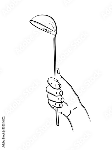 Hand holds ladle for soup. Kitchen accessory metal ladle. Tool, utensils for spill and serving liquid dishes, sauces and soups. Use for menu design, recipes, and kitchen goods. Sketch, linear drawing