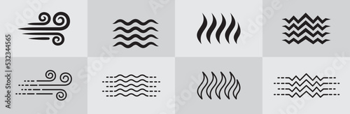 Four elements icon set. Four element energy symbol sets. Wind, air, water, fire flame, earth, land terrain symbols or sign. Graphic design template illustration. Simple flat outline style.