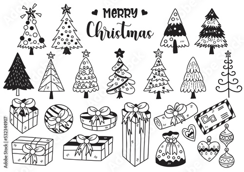 Hand drawn style Christmas tree and gift box doodle objects vector illustration
