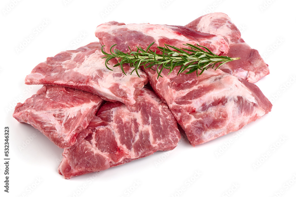 Pork Ribs with rosemary, raw meat, close-up, isolated on white background. Pork Ribs with rosemary, raw meat, close-up, isolated on white background.