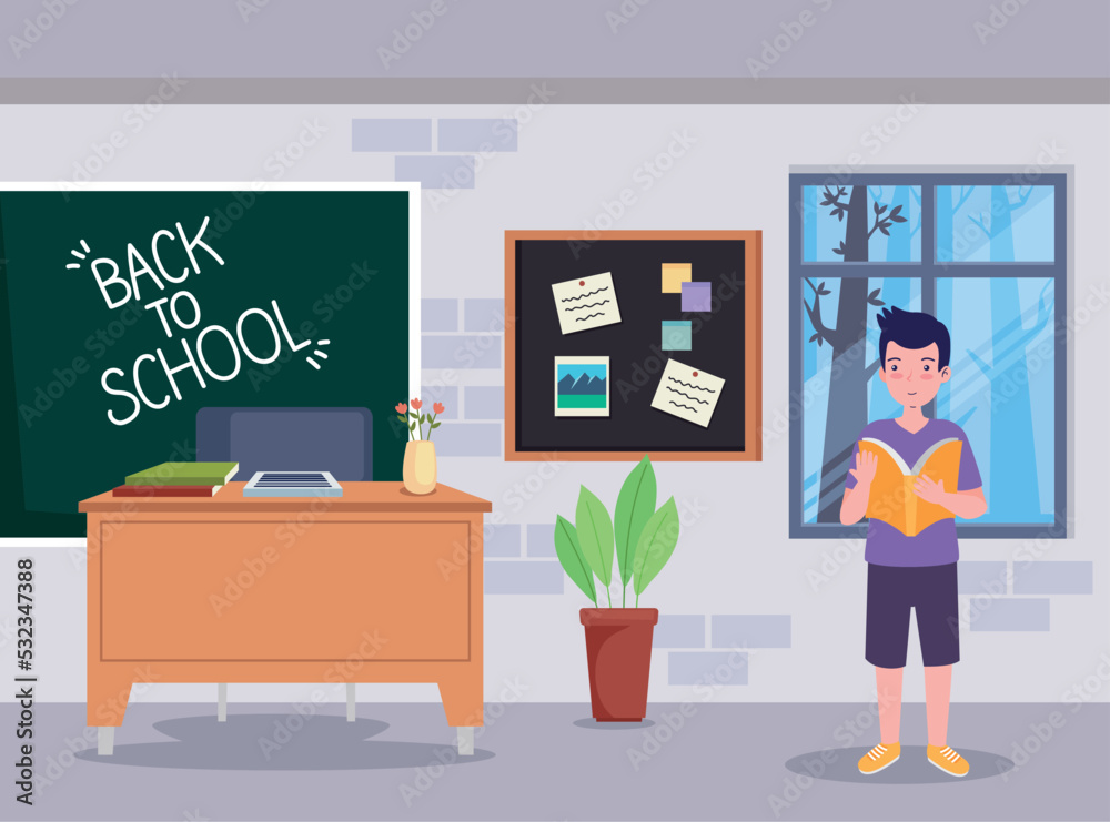 Fototapeta premium back to school label with schoolboy in classroom