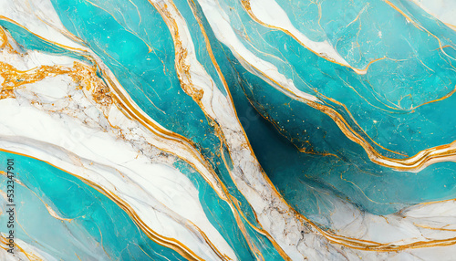 Abstract marble background. Digital art marbling texture. Turquoise, gold and white colors. 3d illustration
