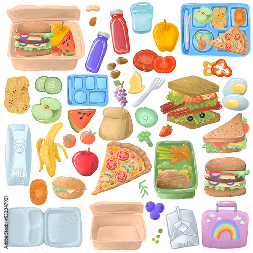 Big School food lunch set handdrawn illustration, PNG