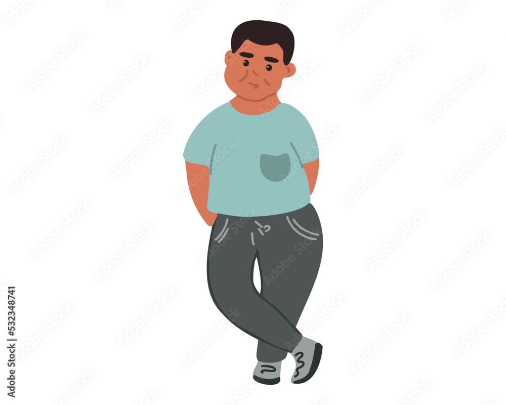 Overweight boy crossed his legs. Flat vector illustration