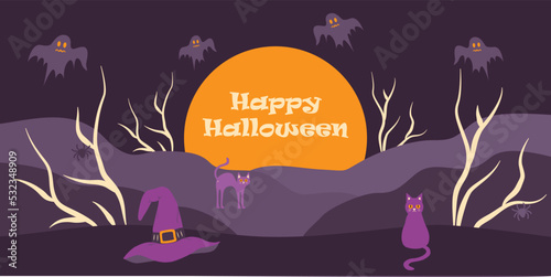 Happy Halloween banner with moon, cats and ghosts