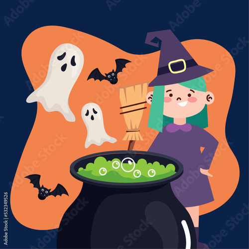 witch with cauldron and ghosts photo