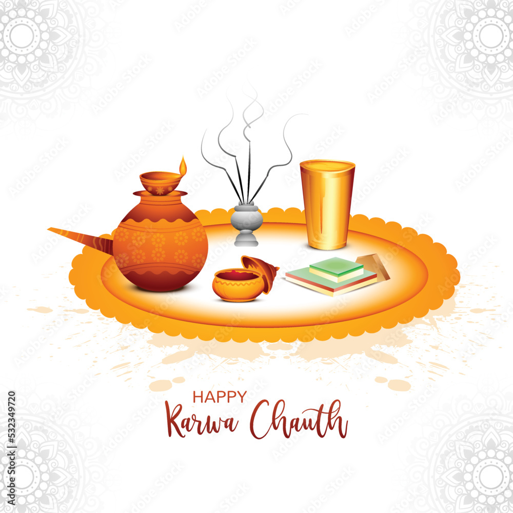 Fototapeta premium Happy karwa chauth with decorated puja thali of greeting card background