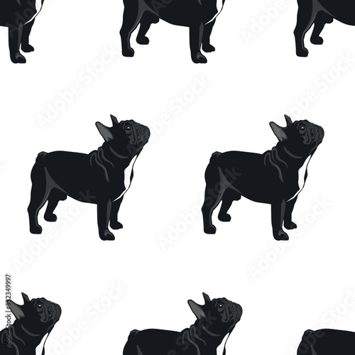 Vector seamless pattern  cute black french bulldogs on white. Design with animals  pets for textil  wrapping paper  wallpaper.