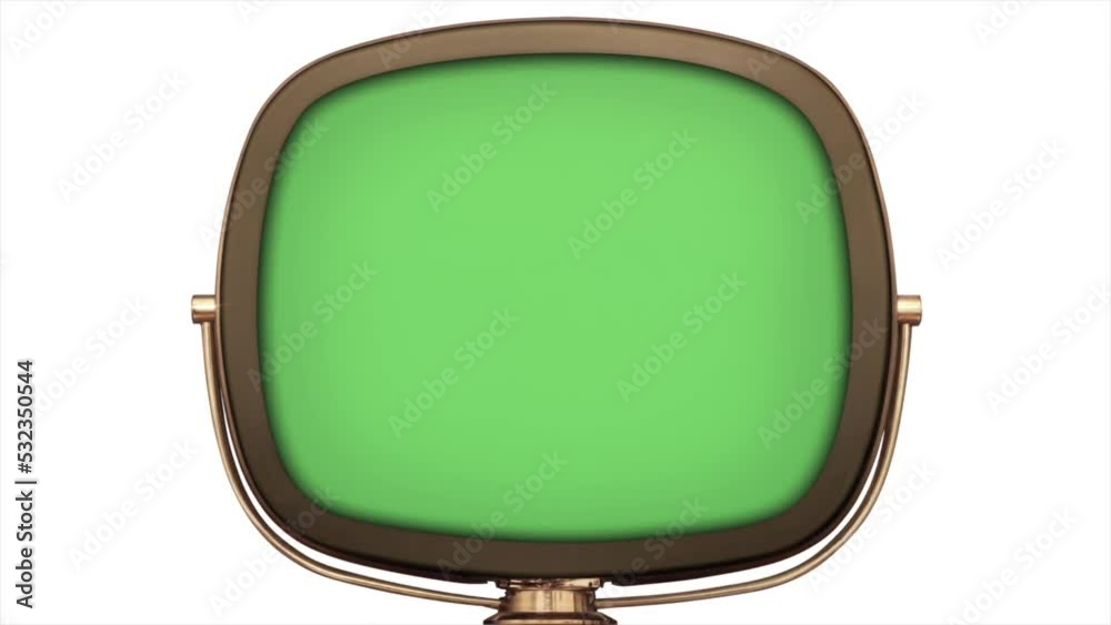 Green screen 3d TV 1958 retro tv build in style fade in - build out style fade out, with close-up view of tv objects