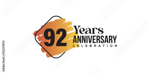 92 years anniversary celebration with orange brush and square isolated on white background for celebration event