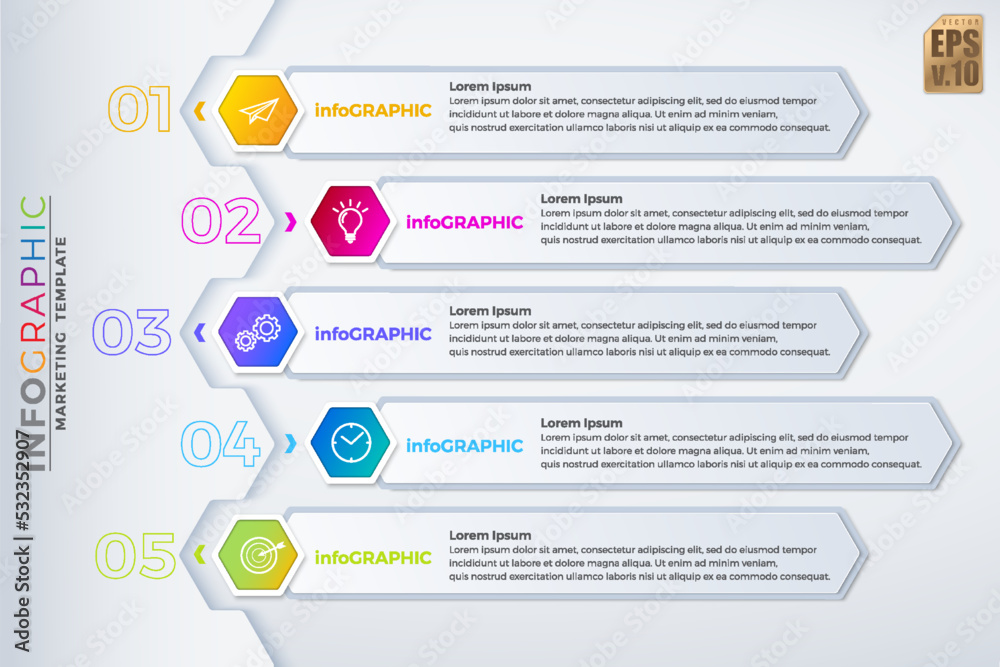 Infographic business design hexagon icons colorful template vector. 5 ...