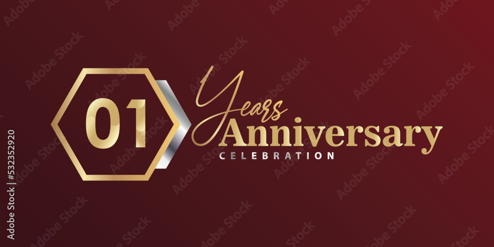01st Year Anniversary Celebration Golden and Silver Color with Hexagon Shape for Celebration Event, Wedding, Greeting card, and Invitation Isolated on Black Background 01st Year Anniversary Celebration Golden and Silver Color with Hexagon Shape for Celebration Event, Wedding, Greeting card, and Invitation Isolated on Black Background
