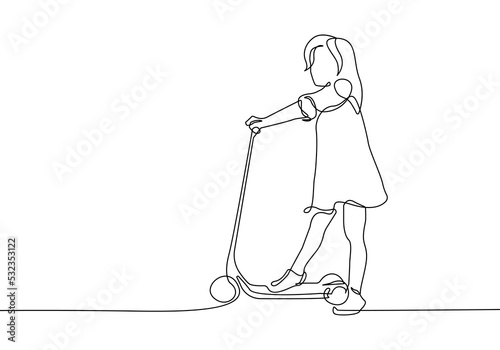 Girl with Scooter Continuous Single Line Drawing. Girl on Scooter One Line Simple Illustration. Happy Active Child Abstract Drawing for Modern Minimalist Design. Vector EPS 10.