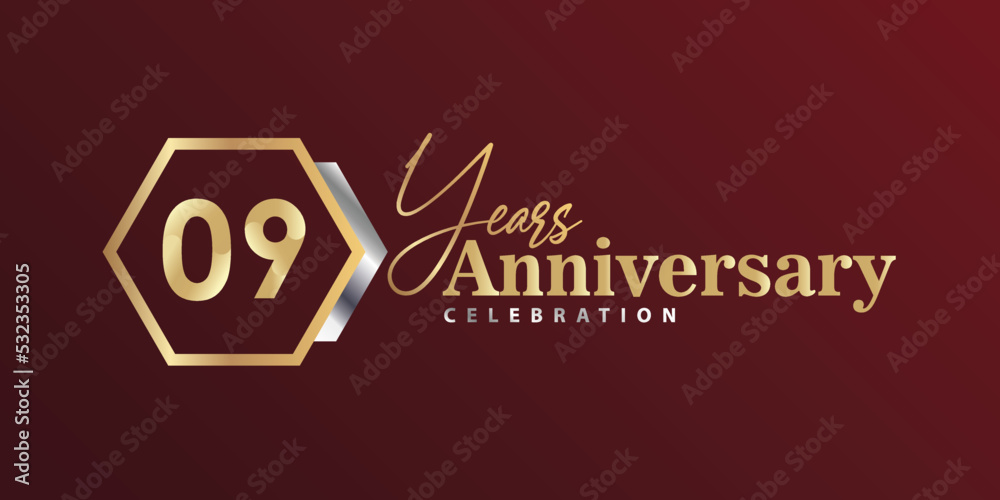 09th Year Anniversary Celebration Golden and Silver Color with Hexagon Shape for Celebration Event, Wedding, Greeting card, and Invitation Isolated on Black Background 09th Year Anniversary Celebration Golden and Silver Color with Hexagon Shape for Celebration Event, Wedding, Greeting card, and Invitation Isolated on Black Background